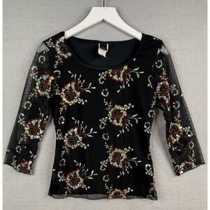 Y2K‎ Wrapper Embroidered Sequin Mesh Top Sz L Black Fairy Grunge Whimsygoth